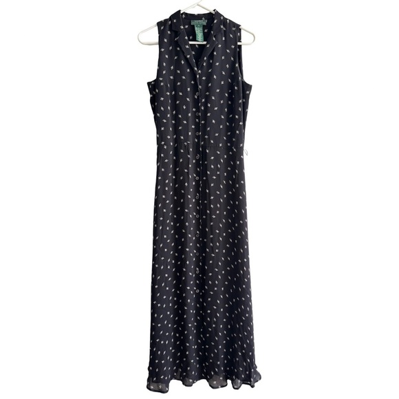 Lauren Ralph Lauren Dresses & Skirts - LAUREN Ralph Lauren Black Ditsy Floral 100% Silk Collared Maxi Button Up Dress 4